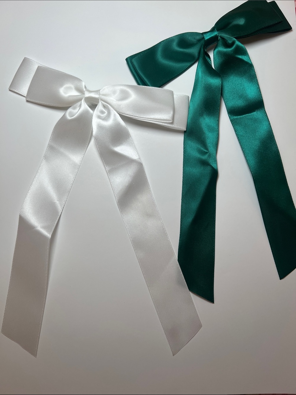 Satin Hair Bow Clip - White and Emerald Green